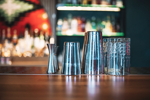 Bartender equipment on the bar counter.