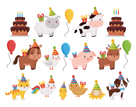 Cute cartoon farm animals collection with birthday cake, presents, balloons and cake.