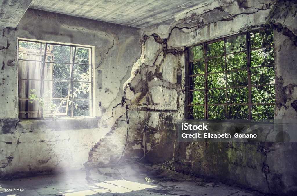 Broken Old room in ruins Abandoned Place Stock Photo