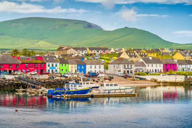 Stock photograph of Portmagee village, located on the Ring of Kerry in Ireland on a cloudy day.
