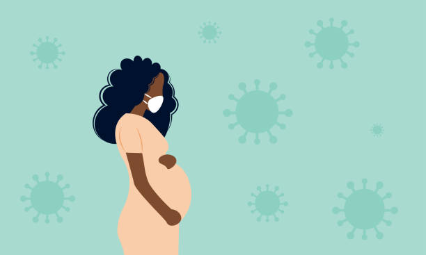 ilustraciones, imágenes clip art, dibujos animados e iconos de stock de joven hermosa mujer negra embarazada usando máscara facial frente a un fondo coronavirus - afrodescendiente ilustraciones