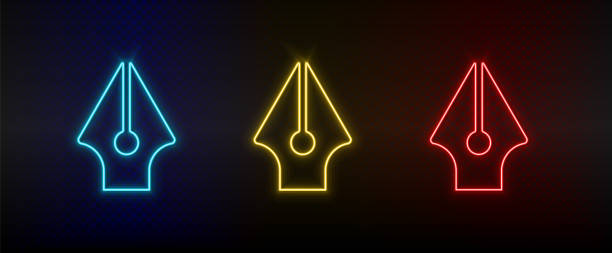 Neon icons, calligraphy, ink pen. Set of red, blue, yellow neon vector icon Neon icons, calligraphy, ink pen. Set of red, blue, yellow neon vector icon on darken transparent background ancient writing tool stock illustrations