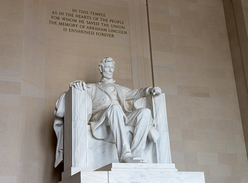 Abraham Lincoln's statue in the Lincoln Memorial on Capitol Hill in Washington, DC
