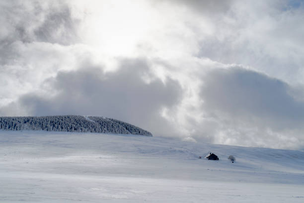 istock Isolated stone house in a snowy landscape 1298477226