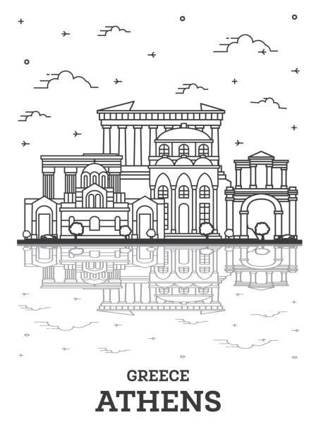 stockillustraties, clipart, cartoons en iconen met schets athene greece city skyline met historische gebouwen en reflecties geïsoleerd op wit. - athens