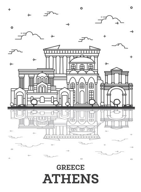 ilustrații de stoc cu schița atena grecia city skyline cu clădiri istorice și reflecții izolate pe alb. - atena