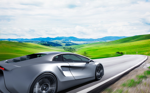 front view of fast moving generic gray sportscar driving on a country road, motion blur,  3D, car of my own design.