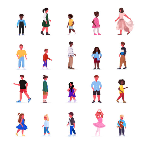 set mix race girls boys cute children collection female male cartoon characters full length set mix race girls boys cute children collection female male cartoon characters full length vector illustration african american male model stock illustrations