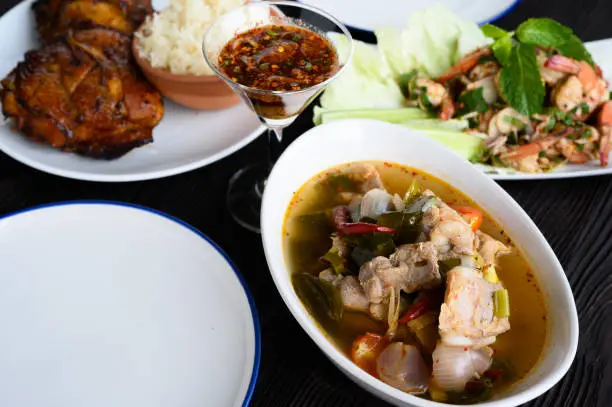 Photo of Thai food Pork spare rib Spicy soup in white bowl.