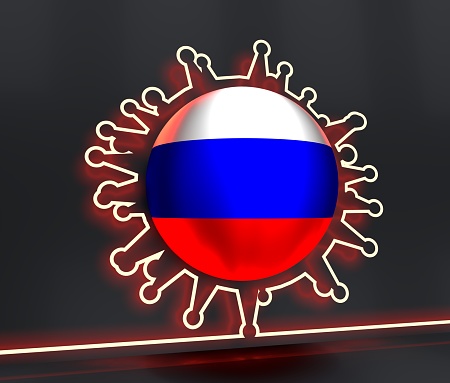 Abstract virus silhouette. Coronavirus virus danger relative illustration. Medical research theme. Virus epidemic alert. Flag of Russia. 3D rendering