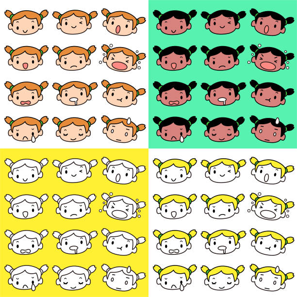 ilustrações, clipart, desenhos animados e ícones de coleção de expressão facial (emoticons) de menina fofa com dois tranças - pigtails ethnic little girls teenage girls