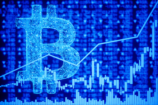 Bitcoin Symbol With Plexus And Bar Graphics In Front Of Stock Market Data Background.