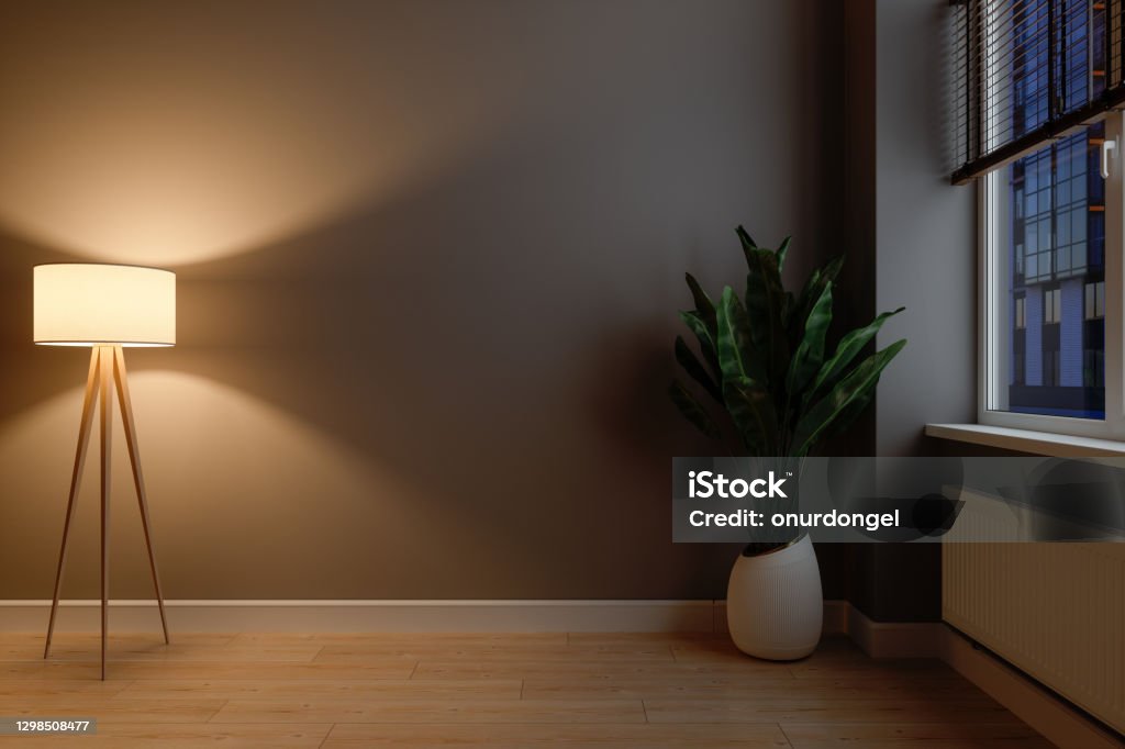 Dark Empty Room With Lamp Shade, Potted Plant And Parquet Floor. Blank Wall Mock Up. Living Room Stock Photo