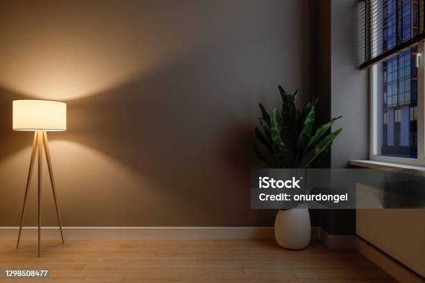 Dark Empty Room With Lamp Shade Potted Plant And Parquet Floor Blank Wall Mock Up Stock Photo - Download Image Now
