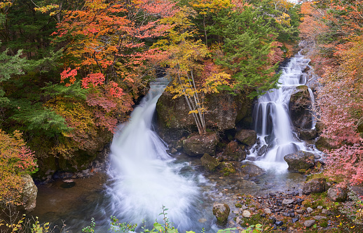 scenic of viewpoint of ryuzu waterfall with autumn season in nikko japan