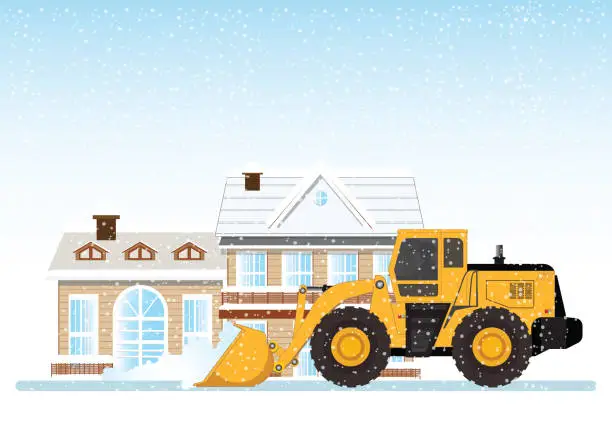 Vector illustration of Cleaning snow on the streets with Snow plow truck cleaning snow removal.