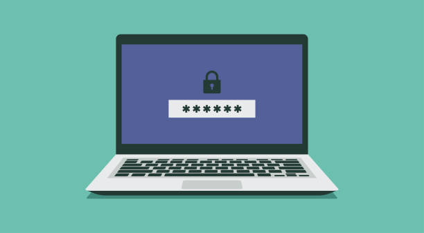 laptop computer with lock and password security access or verification code notification vector art illustration