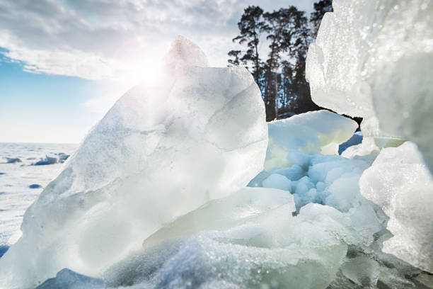Ice hummock on the frozen winter lake