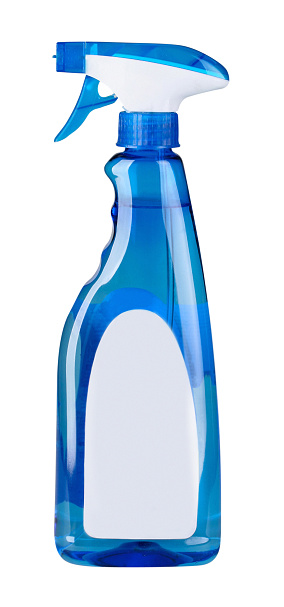 Blue plastic bottle with sprayer lid, blank label, gripping shape, isolated on white
