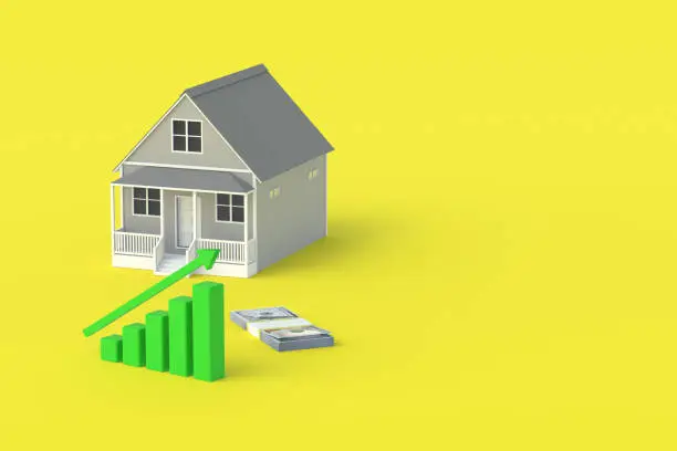 Photo of House and growth chart with arrow. Growth of shares of construction companies. Investments. Increasing demand for buying and renting real estate. The positive popularity of a small building. 3d rendering