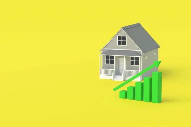 Photo of House and growth chart with arrow. Growth of shares of construction companies. Investments. Increasing demand for buying and renting real estate. The positive popularity of a small building. 3d rendering