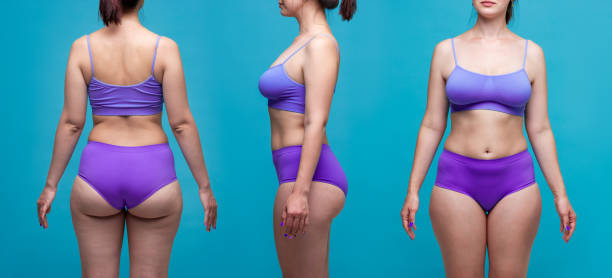 beauty plus size model in purple underwear on blue background, collage of three photos - overweight women body abdomen imagens e fotografias de stock