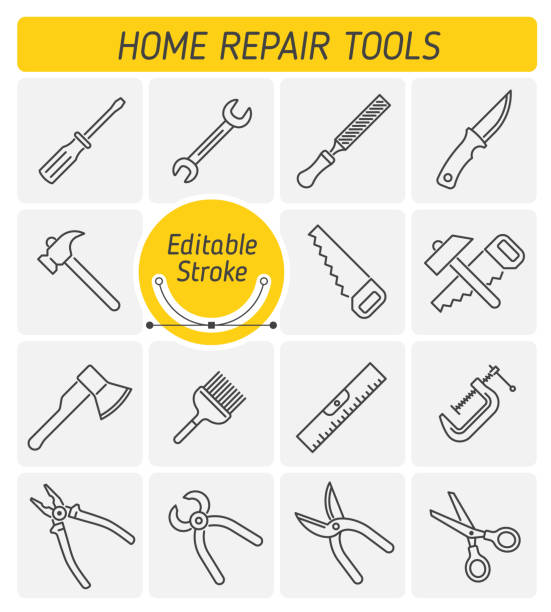 ilustrações de stock, clip art, desenhos animados e ícones de the home repair tools outline vector icon set - wrench screwdriver work tool symbol