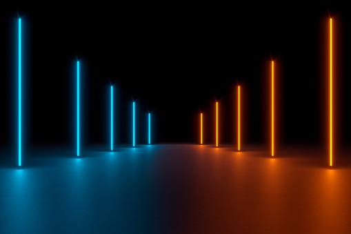 Modern undefined empty abstract interior illuminated by vertical stick blue and orange neon lights on neutral reflective floor and ceiling with background faded in the dark. 3D rendered image.