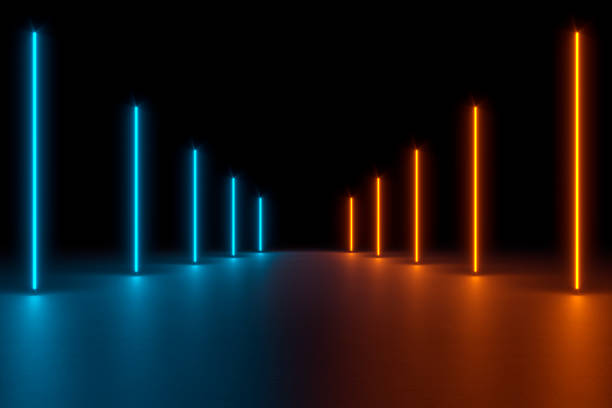 Modern empty abstract interior illuminated by vertical stick blue and orange neon lights, 80's retro style Modern undefined empty abstract interior illuminated by vertical stick blue and orange neon lights on neutral reflective floor and ceiling with background faded in the dark. 3D rendered image. tunnel photos stock pictures, royalty-free photos & images