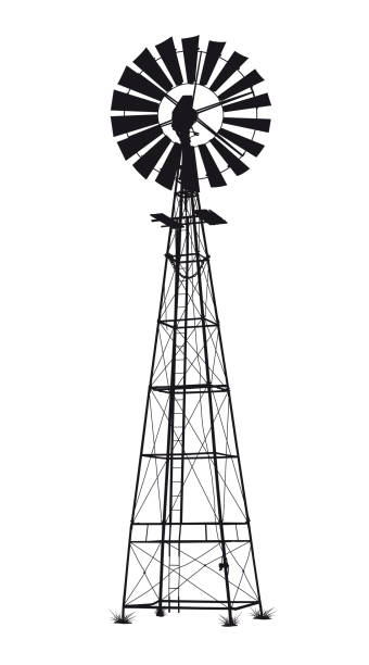 흰색 배경에 상세한 검은 색 벡터 풍차 그림 - water pumping windmill stock illustrations