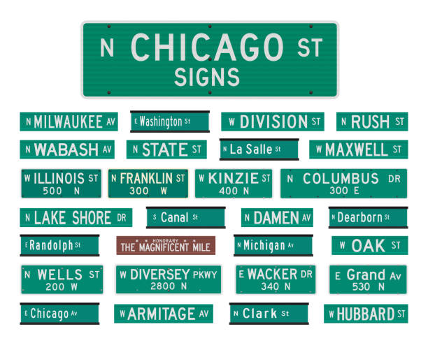 Chicago Streets signs Vector illustration of the famous Chicago streets and avenues road signs michigan avenue chicago stock illustrations