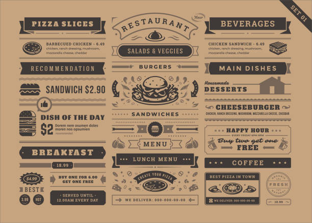 Restaurant menu typographic decoration design elements set vintage and retro style vector illustration Restaurant menu typographic decoration design elements set vintage and retro style vector illustration. Food signs and symbols, ornate elements with dividers, ribbons and frames old newspaper style. newspaper borders stock illustrations