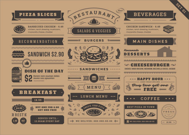 Restaurant menu typographic decoration design elements set vintage and retro style vector illustration Restaurant menu typographic decoration design elements set vintage and retro style vector illustration. Food signs and symbols, ornate elements with dividers, ribbons and frames old newspaper style. old newspaper stock illustrations