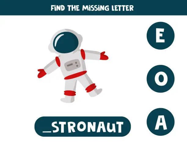 Vector illustration of Find missing letter with cartoon astronaut. Spelling worksheet.