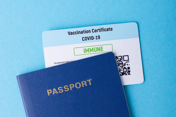 istock Passport and vaccination certificate on a blue table 1298546406