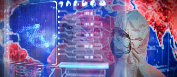 istock Female scientist in clean suit studying coronavirus mutations. Virtual touch screens.World map in background 1298550130