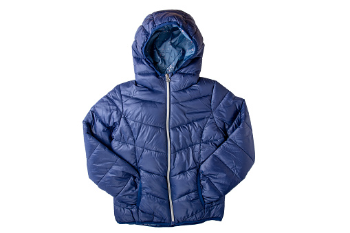 Winter jacket isolated. A stylish cosy warm blue down jacket for kids isolated on a white background. Fashionable clothing for children for spring and autumn.