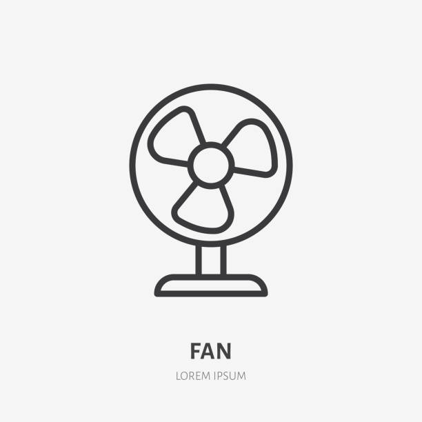 Fan conditioner flat line icon. Vector outline illustration of vintage propeller. Black color thin linear sign for small table ventilator Fan conditioner flat line icon. Vector outline illustration of vintage propeller. Black color thin linear sign for small table ventilator. electric fan stock illustrations