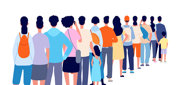 People standing in line. Isolated crowd, queue group back stand. Person wait shopping, airport registration or ticket utter vector concept. People line queue, crowd stay in row illustration