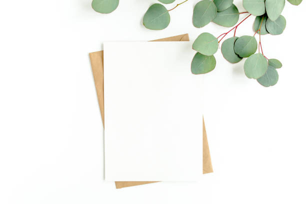 istock Mockup invitation, blank greeting card and green leaves eucalyptus. Flat lay, top view 1298550812