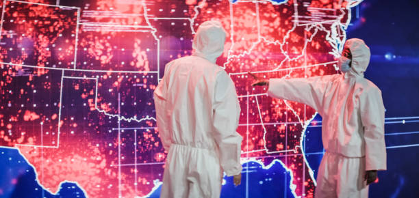ученые в чистых костюмах. инфекционная карта сша проекции. очень высокая инфекционность - infectivity стоковые фото и изображения