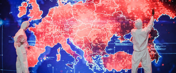 ученые в чистых костюмах. инфекционная карта проекции европы. очень высокая инфекционность - infectivity стоковые фот�о и изображения