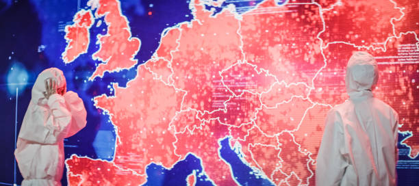 ученые в чистых костюмах. инфекционная карта проекции европы. очень высокая инфекционность - infectivity стоковые фото и изображения