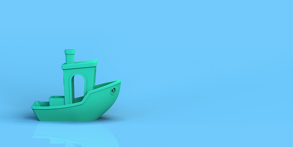 Toy boat on reflective blue surface. Summer concept. 3D render.