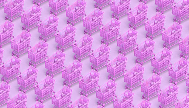 istock Shopping carts background on pastel pink background. 3D illustration. Isometric. 1298554404