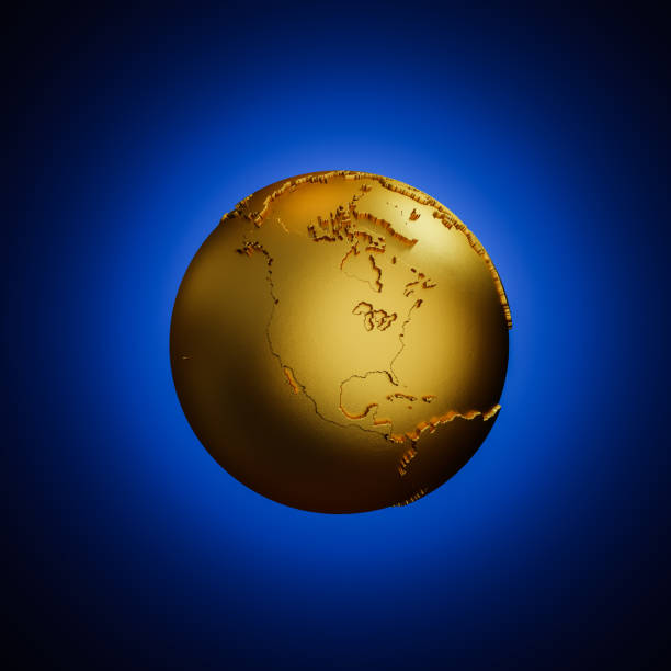 istock Textured golden Earth Globe showing North American in front. Blue gradient background. 3d render 1298554709