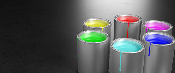 Paint pots building a color wheel with the RGB primary colors of the additive color model (Red, green, blue) used for monitors and the CMY process colors of the subtractive color model (cyan, magenta, yellow) used for printing. Color stains on the pots. las ollas de pintura que construyen una rueda de color con los colores primarios rgb del modelo de color aditivo (rojo, verde, azul) utilizados para los monitores y los colores de proceso cmy del modelo de color sustractivo (cian, magenta, amarillo) utiliz