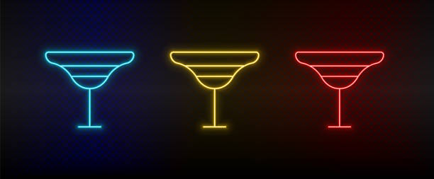 ネオンアイコンセットアルコール、カクテル、ドリンク。赤、青、黄色のネオンベクトルアイコンのセット - margarita cocktail drink umbrella drink点のイラスト素材／クリップアート素材／マンガ素材／アイコン素材