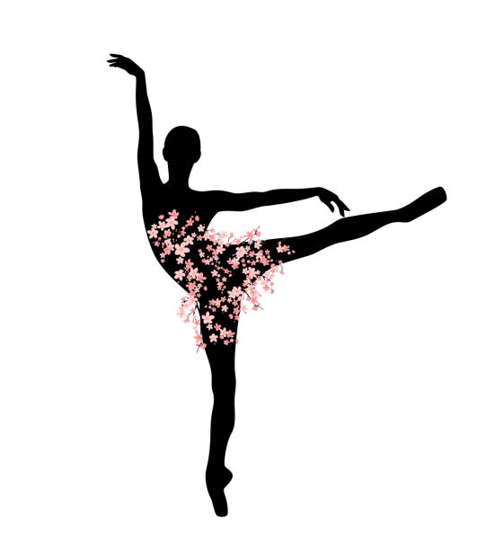 frühling ballerina mit kirschbaum blüte tutu vektor silhouette umriss - white background ballet dancer dancer dancing stock-grafiken, -clipart, -cartoons und -symbole