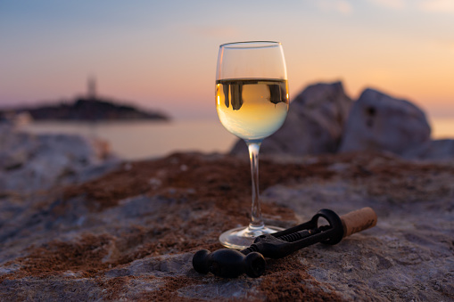 Glass of white wine on the background of Rovinj town, Croatia